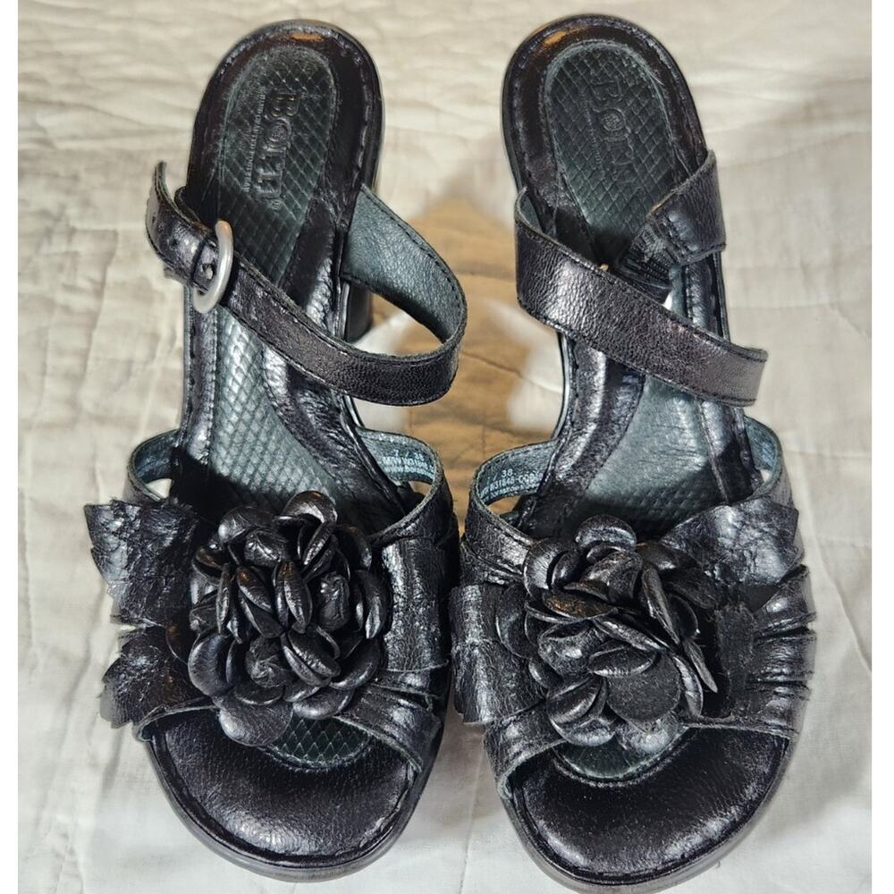 Born $135 Size 7‎ Black Leather Cornflower Heeled Strappy Slide Comfort Sandals